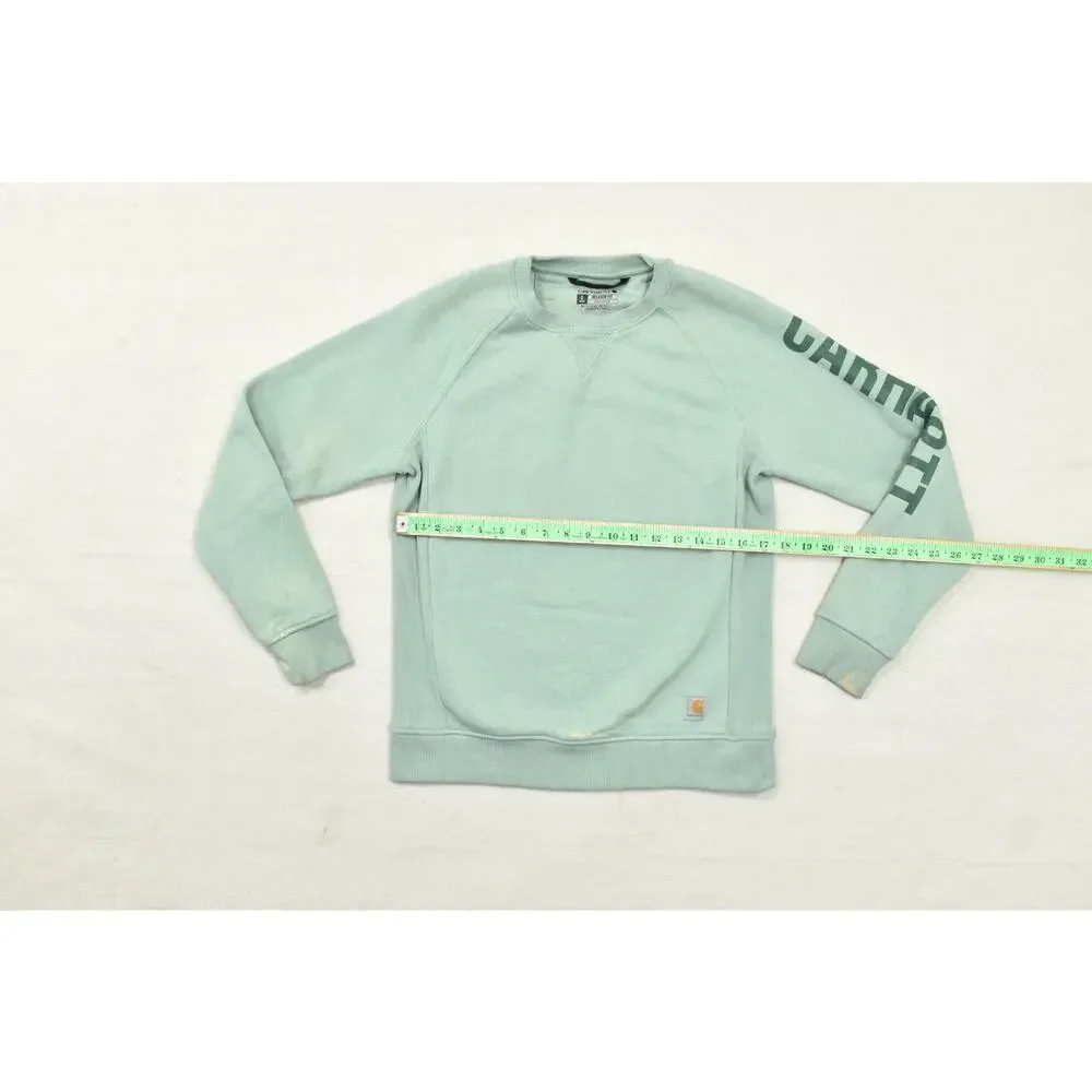 Carhartt Women's Relaxed Fit Sweatshirt Size S Green Crewneck Logo Sleeve Cotton - Picture 8 of 8